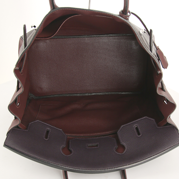 Bolso de mano Hermes Haut à Courroies en cuero togo tricolor marrón, violeta y color burdeos - Detail D2