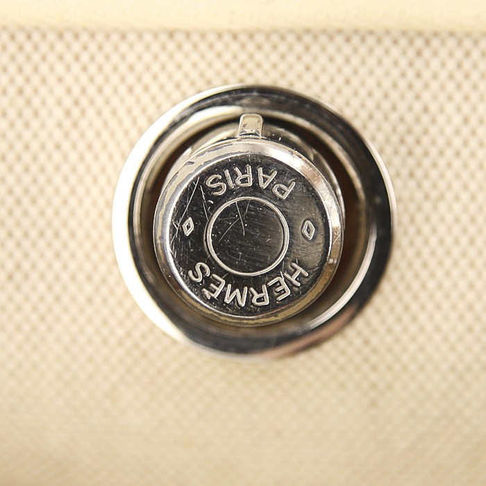 Zaino Hermès Herbag - Backpack in tela beige e pelle naturale - Detail D3