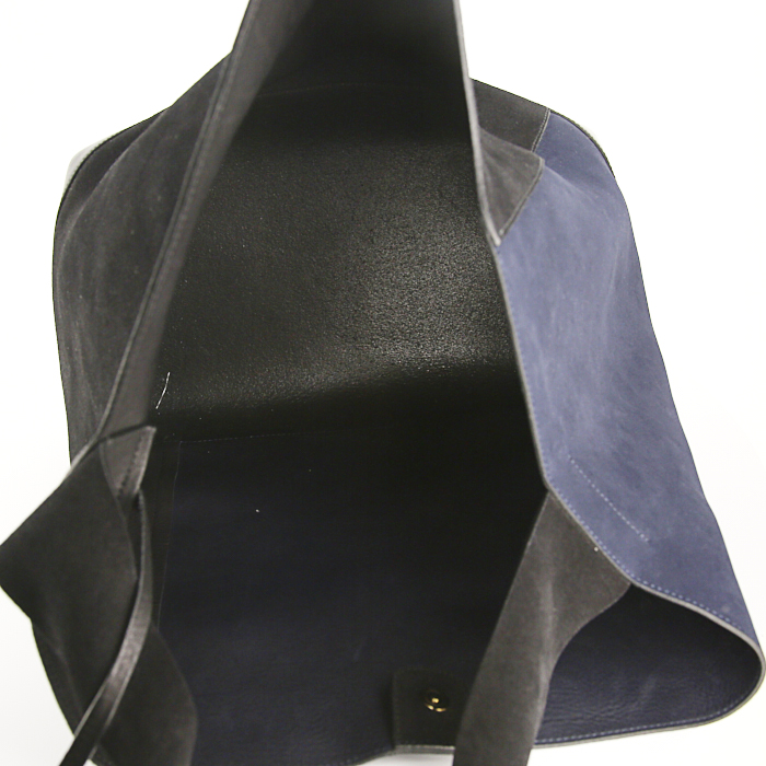 Sac cabas Marni en cuir noir et daim bleu-marine - Detail D2