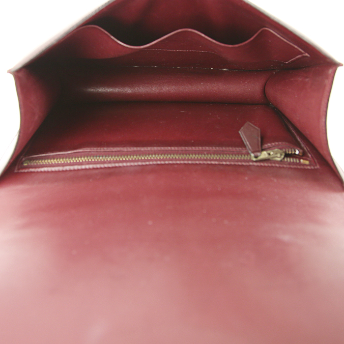 Hermes Constance handbag in burgundy leather and beige canvas - Detail D3
