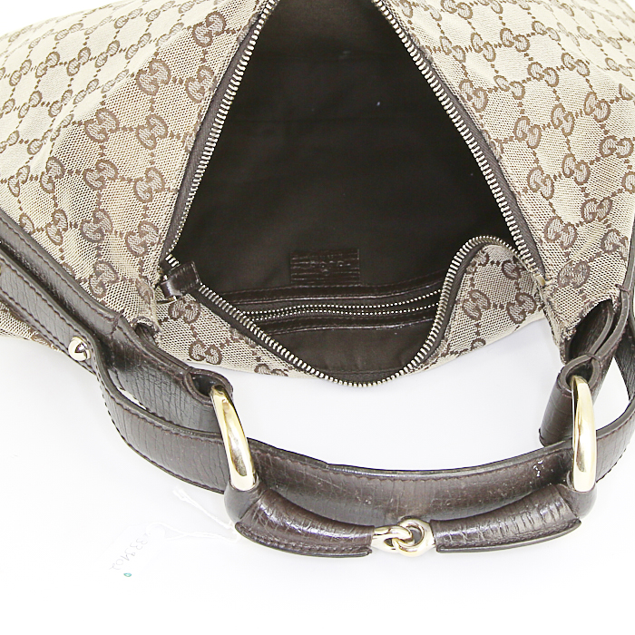 Gucci Jockey handbag in beige monogram canvas and brown leather - Detail D2