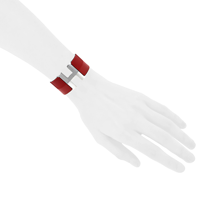Brazalete que se puede abrir Hermes Clic Clac modelo grande en paladio y esmalte rojo - Detail D1