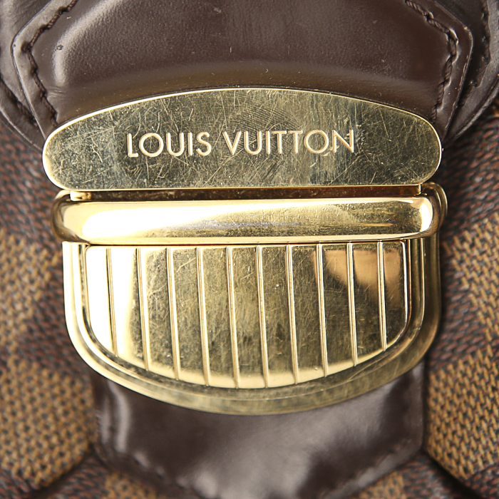Bolso de mano Louis Vuitton Sistina en lona a cuadros ébano y cuero marrón - Detail D3