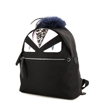 Zaino Fendi Bag Bugs in tela e pelle nera rosa e bianca e pelliccia blu