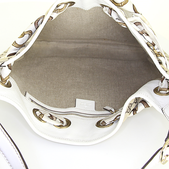 Bolso de mano Gucci Positano en lona monogram beige y marrón y cuero blanco - Detail D2