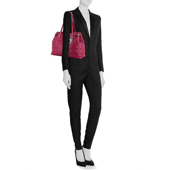 Sac cabas Dior Panarea petit modèle en toile cannage rose-framboise et cuir rose-framboise - Detail D1