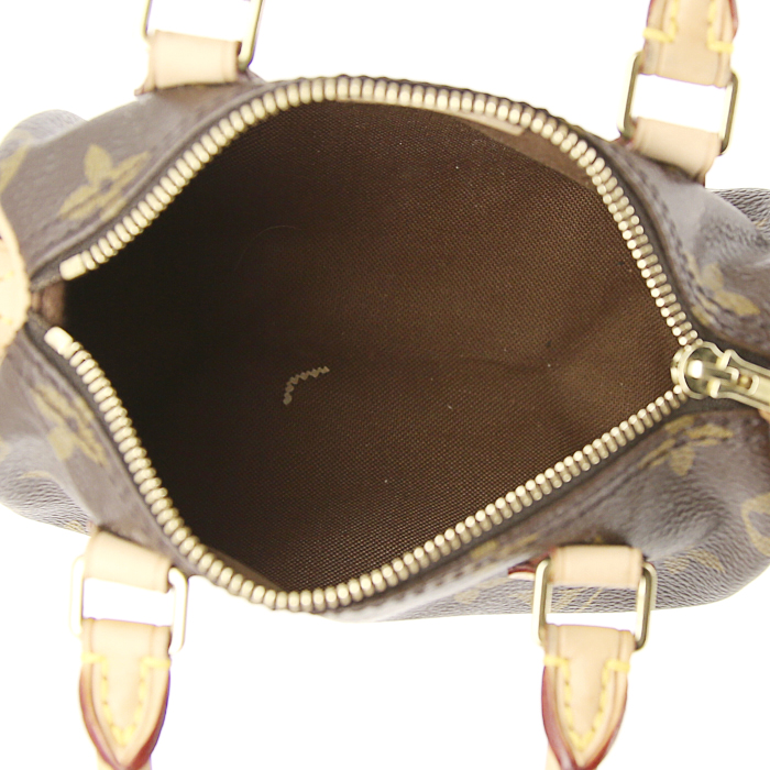 Bolso de mano Louis Vuitton Speedy mini en lona Monogram marrón y cuero natural - Detail D2