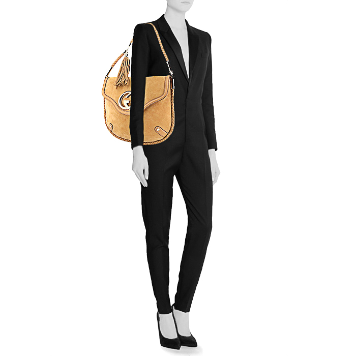 Gucci Britt bag worn on the shoulder or carried in the hand in beige suede and beige braided leather - Detail D1