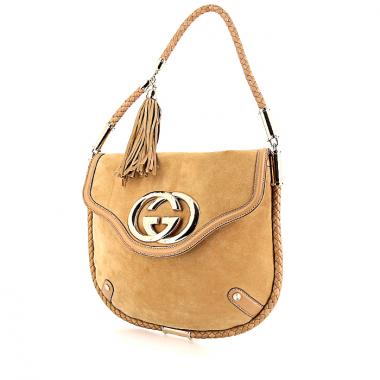 Borsa da spalla o a mano Gucci Britt in camoscio beige e pelle intrecciata beige