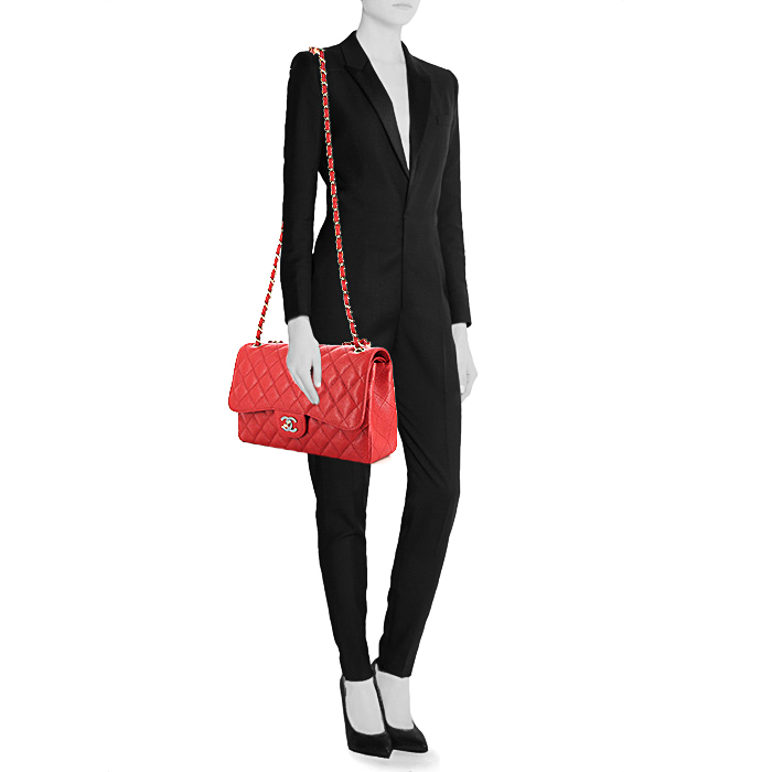 Borsa Chanel Timeless jumbo in pelle martellata rossa - Detail D2