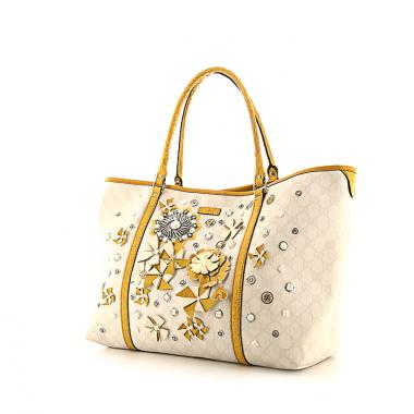Gucci shopping bag in cream color monogram canvas and yellow mustard leather