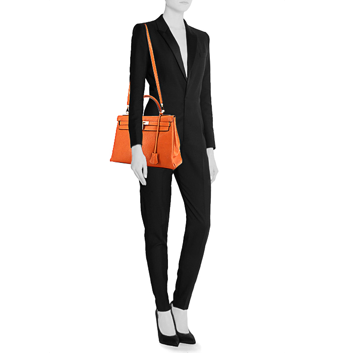 Borsa Hermes Kelly 32 cm in pelle martellata arancione Potiron - Detail D1