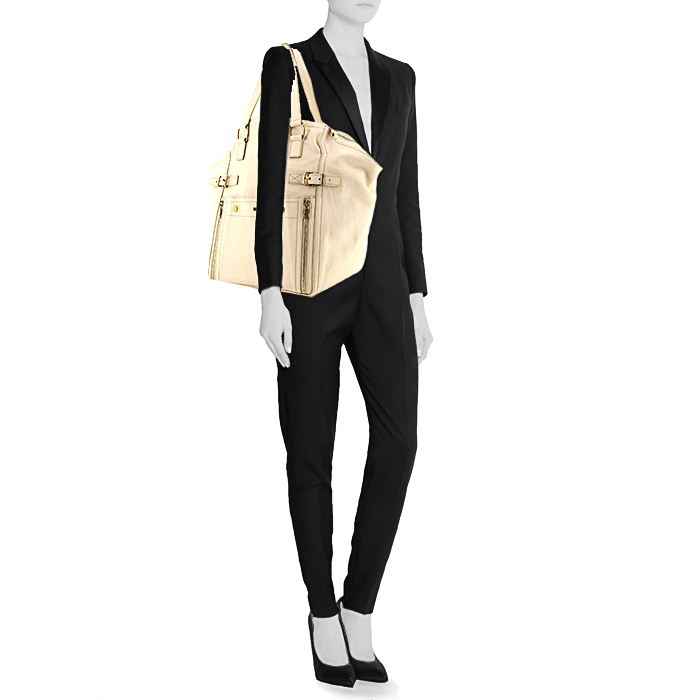 Bolso de mano Saint Laurent Downtown modelo pequeño en cuero color crema - Detail D1