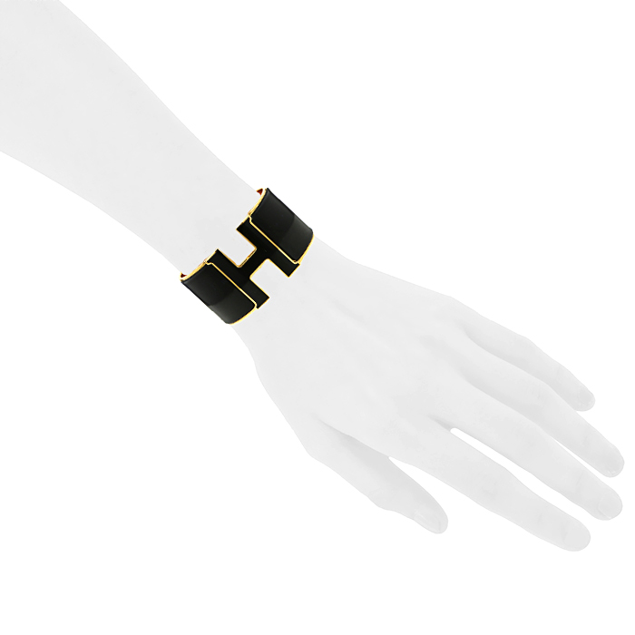 Bracelet ouvrant Hermes Clic Clac taille XL en plaqué or et émail noir - Detail D1
