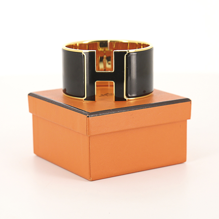 Bracelet ouvrant Hermes Clic Clac taille XL en plaqué or et émail noir