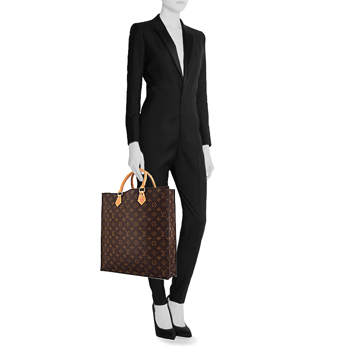 Shopping bag Louis Vuitton Sac Plat in tela monogram cerata marrone e pelle naturale - Detail D1