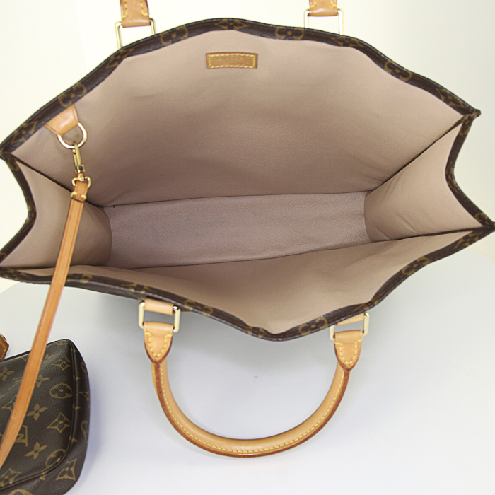 Shopping bag Louis Vuitton Sac Plat in tela monogram cerata marrone e pelle naturale - Detail D2