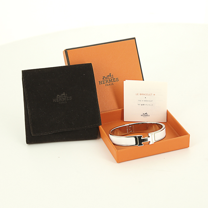 Bracelet ouvrant Hermes Clic Clac petit modèle en palladium et émail blanc - Detail D2