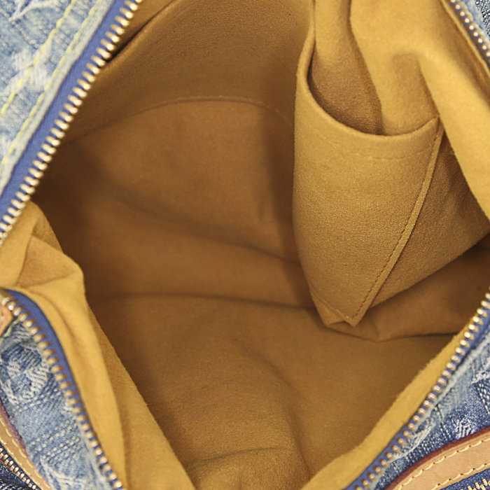 Sac bandoulière Louis Vuitton petit modèle en toile denim bleue et cuir naturel - Detail D2