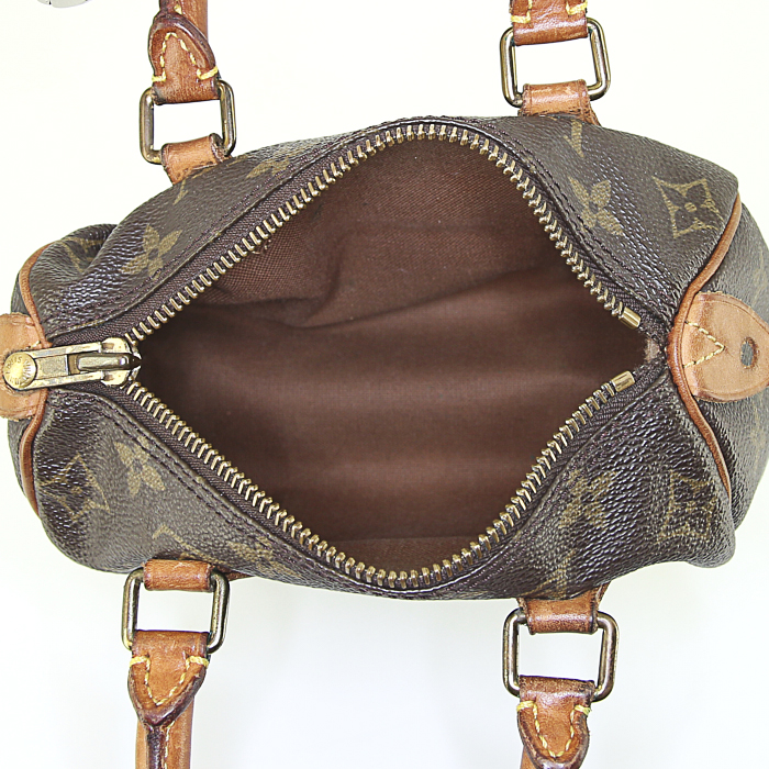 Bolso bandolera Louis Vuitton Speedy BB en lona Monogram marrón y cuero natural - Detail D3