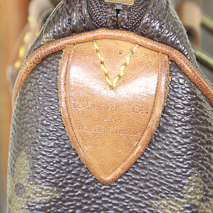Bolso bandolera Louis Vuitton Speedy BB en lona Monogram marrón y cuero natural - Detail D4