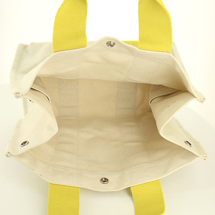 Shopping bag Hermes Toto Bag - Shop Bag in tela bianco sporco e tela gialla - Detail D2