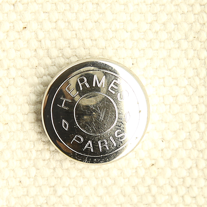 Shopping bag Hermes Toto Bag - Shop Bag in tela bianco sporco e tela gialla - Detail D3