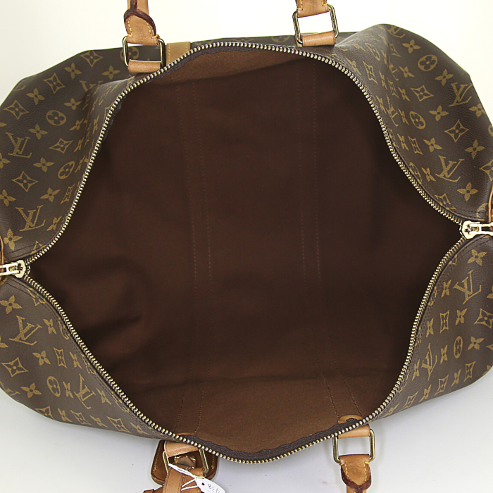 Borsa da viaggio Louis Vuitton Keepall 55 cm in tela monogram marrone e pelle naturale - Detail D4