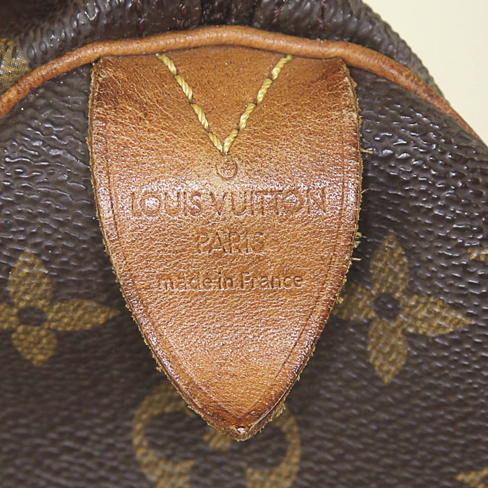 Sac à main Louis Vuitton Speedy 35 en toile monogram marron et cuir naturel - Detail D3