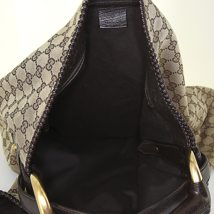Sac cabas Gucci en toile monogram beige et cuir marron - Detail D2