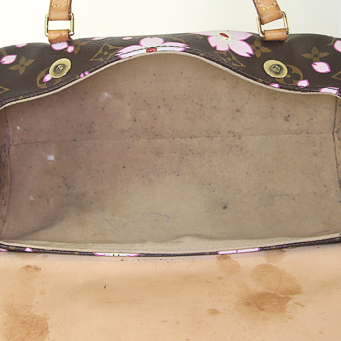 Borsa Louis Vuitton Cherry Blossom in tela monogram marrone a fiori e pelle naturale - Detail D2