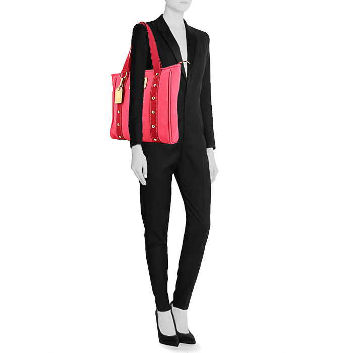 Louis Vuitton Antigua large model shopping bag in red and fushia pink canvas - Detail D1