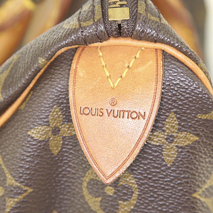 Borsa Louis Vuitton Speedy 35 in tela monogram marrone e pelle naturale - Detail D3