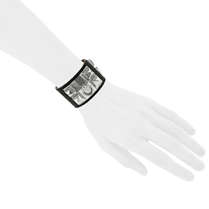 Hermes Médor cuff bracelet in palladium and leather - Detail D1