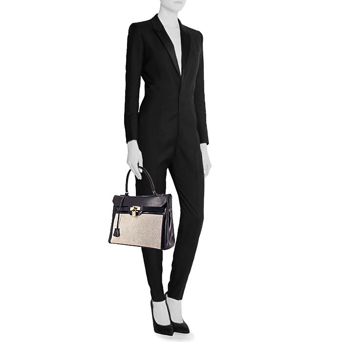 Hermes Monaco handbag in beige canvas and blue box leather - Detail D1