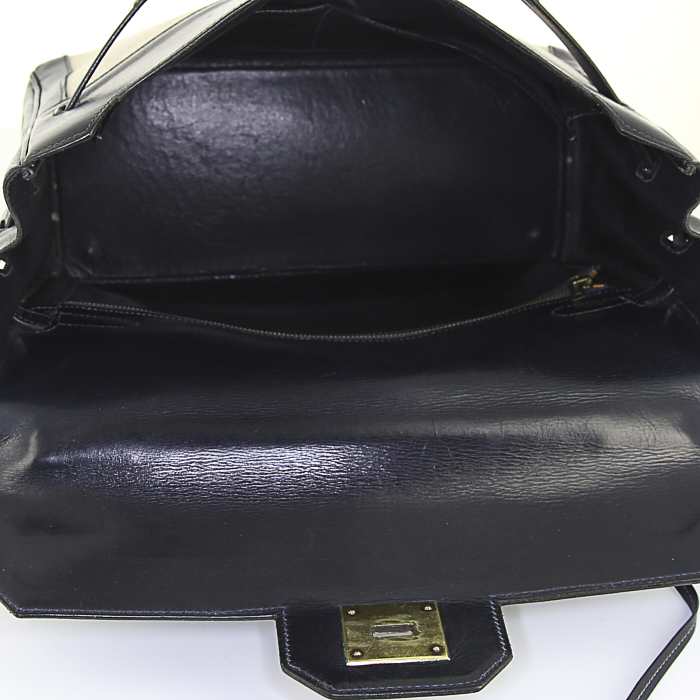 Hermes Monaco handbag in beige canvas and blue box leather - Detail D2