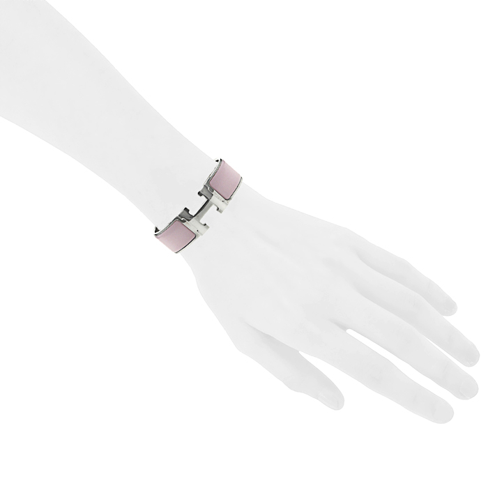 Bracelet ouvrant Hermes Clic Clac moyen modèle en palladium et émail rose - Detail D1