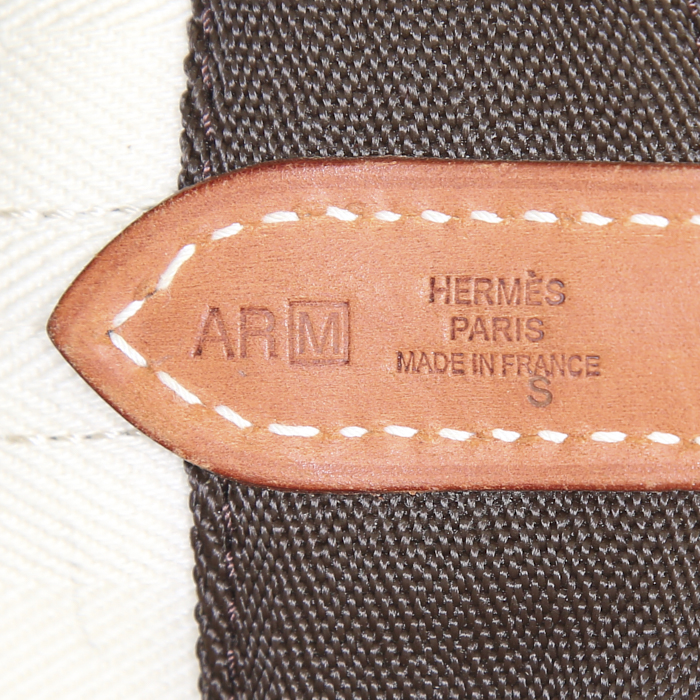 Sac bandoulière Hermès Sellier en toile beige-écru et marron et cuir naturel - Detail D4