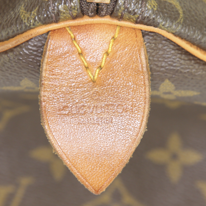 Bolso de mano Louis Vuitton Speedy 25 cm en lona Monogram revestida marrón y cuero natural - Detail D3