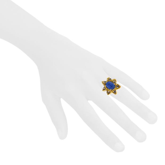 Bague Vintage en or jaune,  diamants et saphirs et en agate bleue - Detail D1