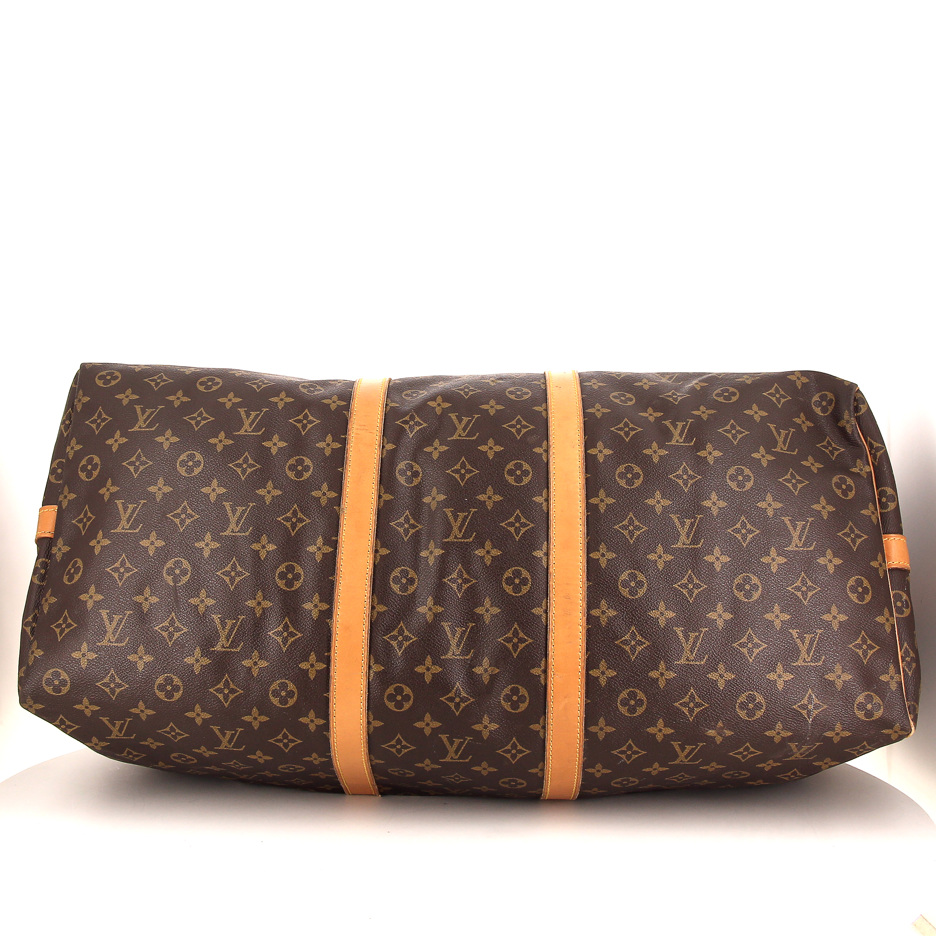 Borsa da viaggio Louis Vuitton Keepall 60 cm in tela monogram marrone e pelle naturale - Detail D3