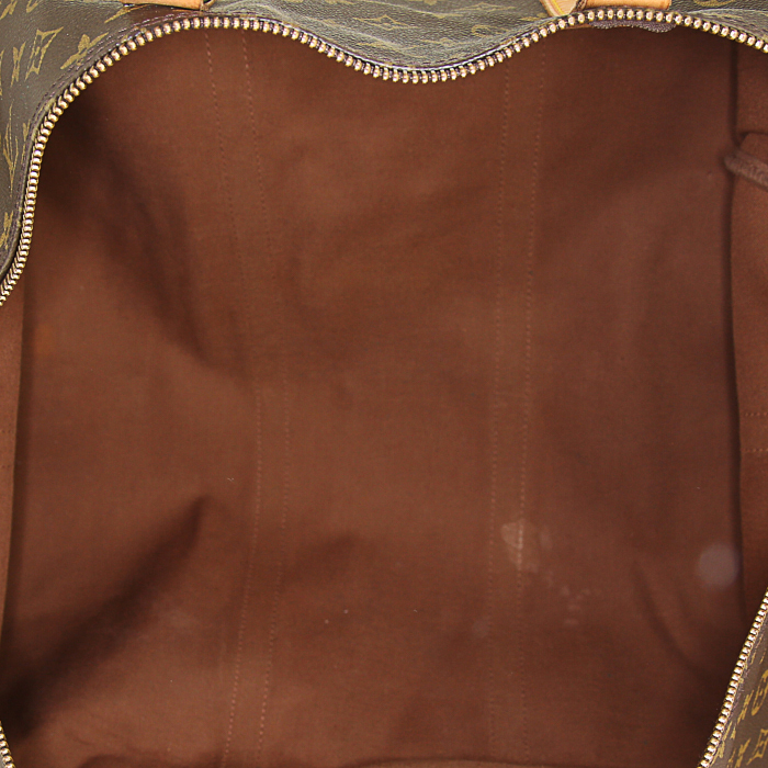Sac de voyage Louis Vuitton Keepall 60 cm en toile monogram marron et cuir naturel - Detail D4
