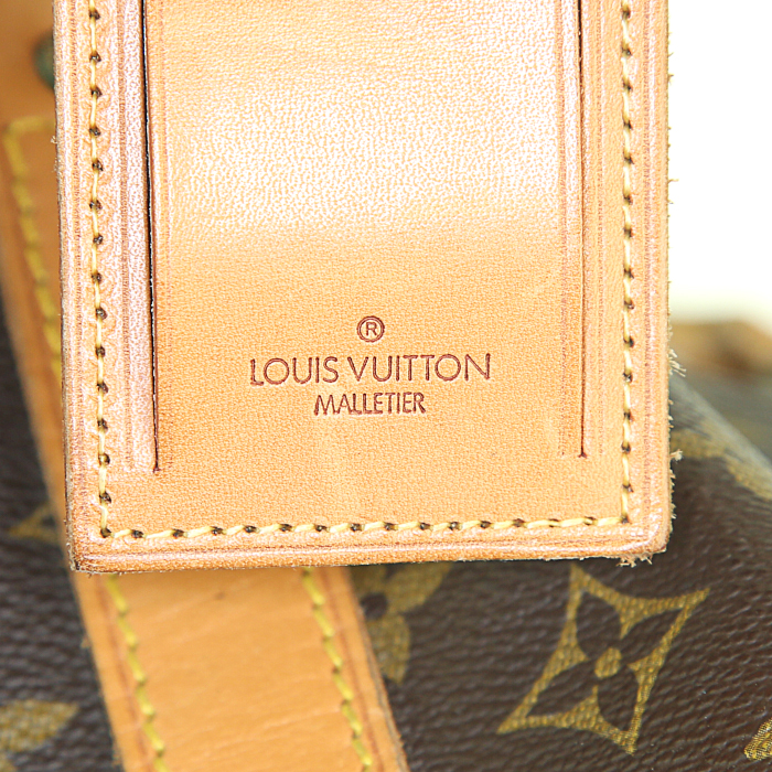 Borsa da viaggio Louis Vuitton Keepall 60 cm in tela monogram marrone e pelle naturale - Detail D5