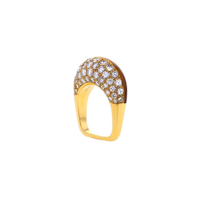 Geometric Mauboussin 1970's ring in yellow gold,  tiger eye stone and diamonds - 00pp