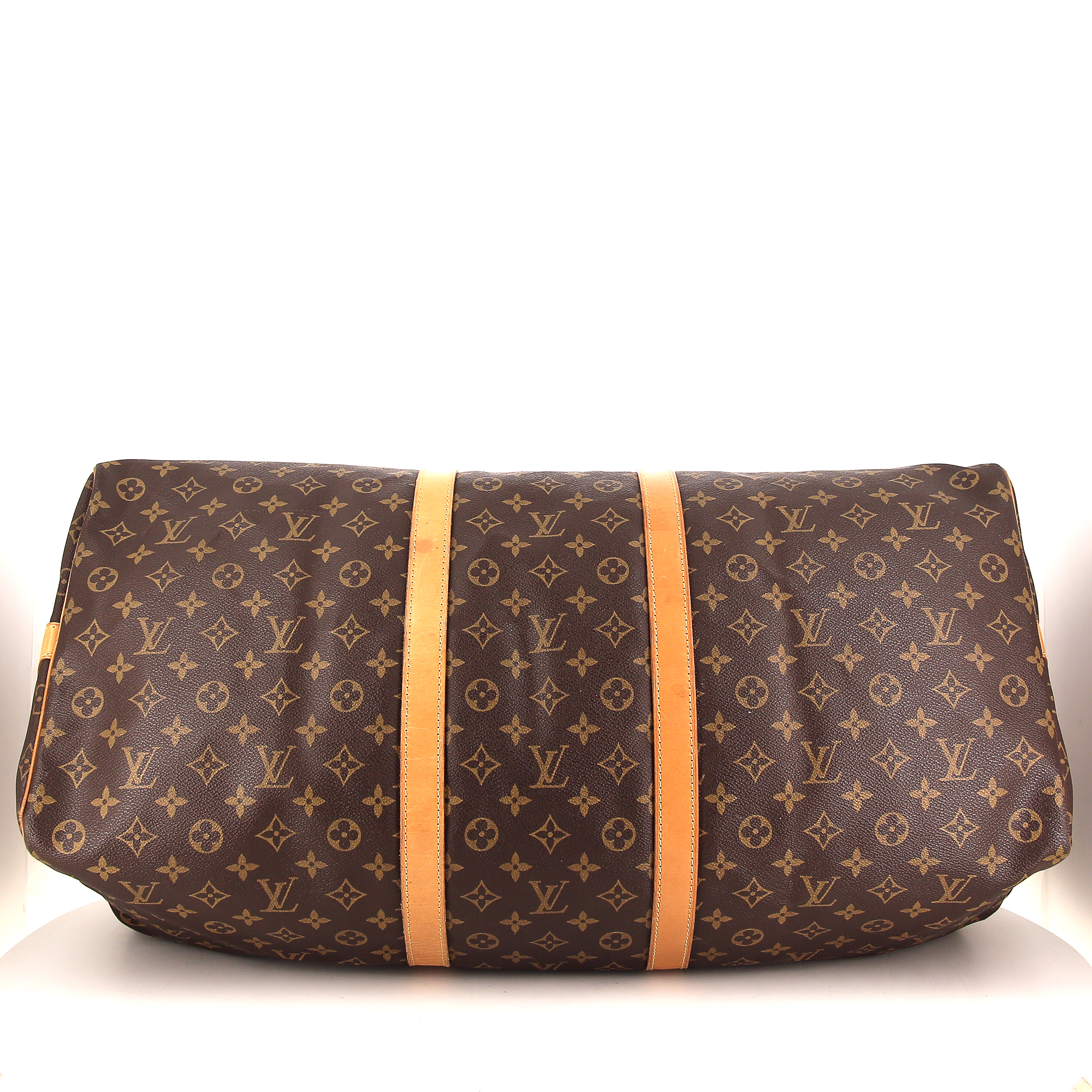 Sac de voyage Louis Vuitton Keepall 60 cm en toile monogram marron et cuir naturel - Detail D3