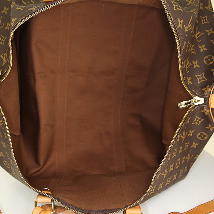 Louis Vuitton Keepall 60 cm travel bag in brown monogram canvas and natural leather - Detail D4