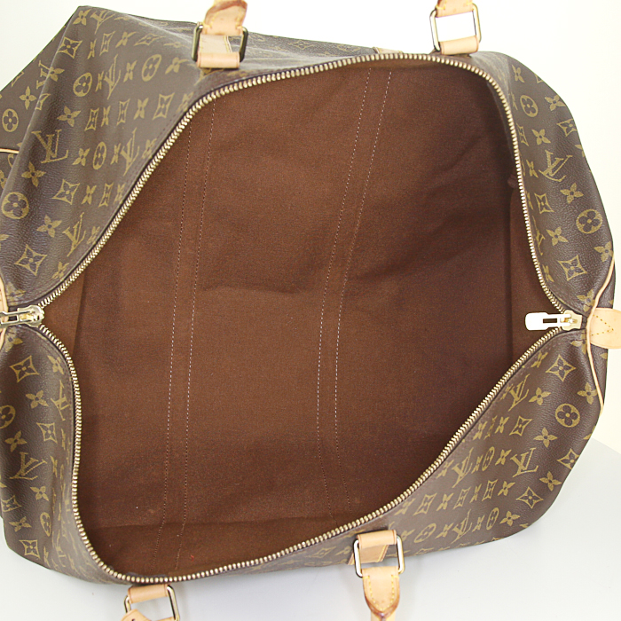 Bolsa de viaje Louis Vuitton Keepall 60 cm en lona Monogram y cuero natural - Detail D3