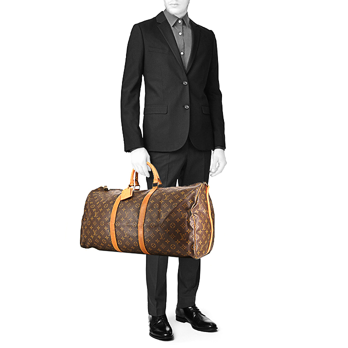 Sac de voyage Louis Vuitton Keepall 55 cm en toile monogram marron et cuir naturel - Detail D2