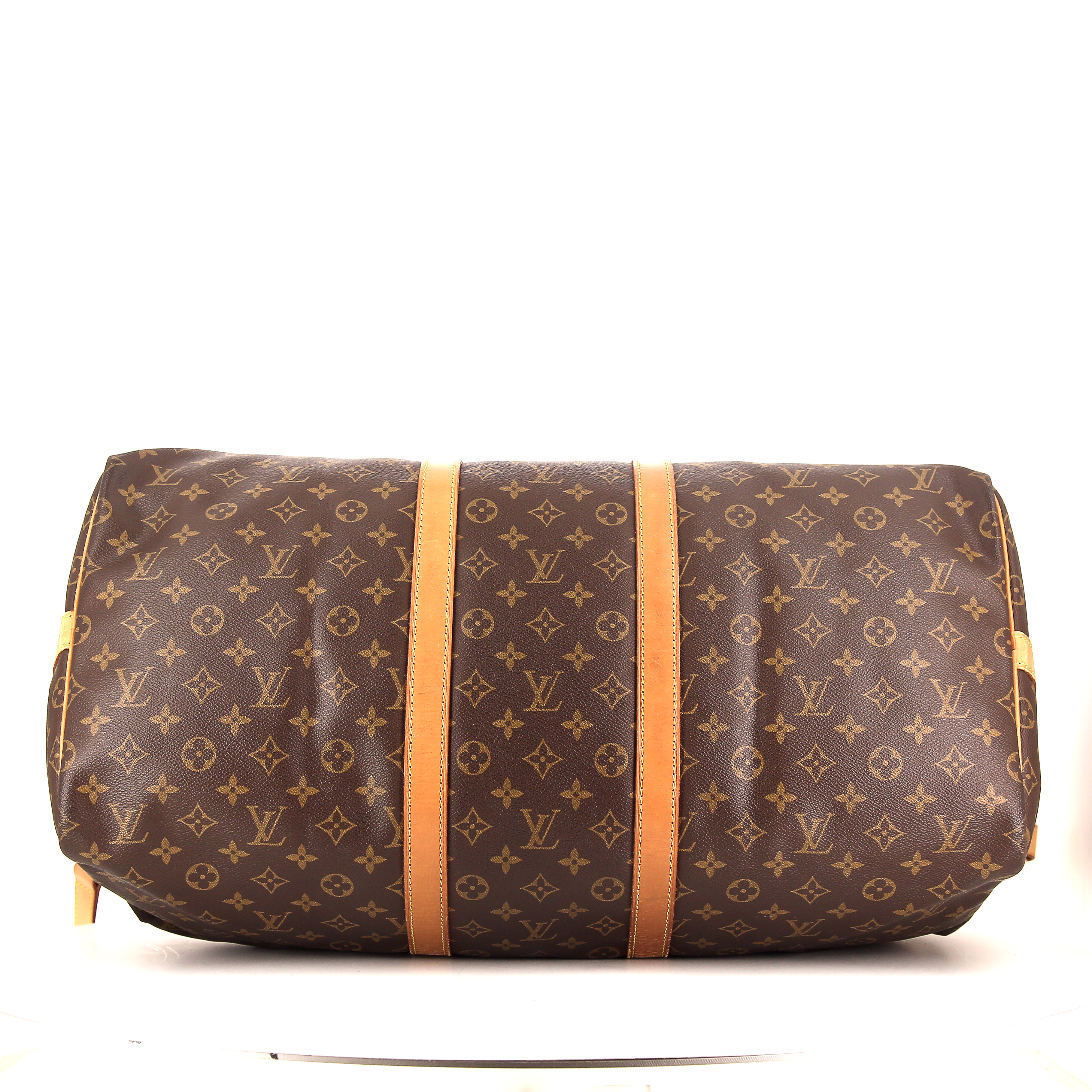 Sac de voyage Louis Vuitton Keepall 55 cm en toile monogram marron et cuir naturel - Detail D3