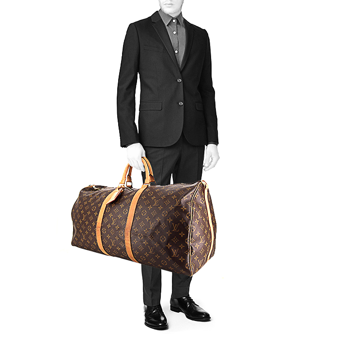 Sac de voyage Louis Vuitton Keepall 55 cm en toile monogram marron et cuir naturel - Detail D2